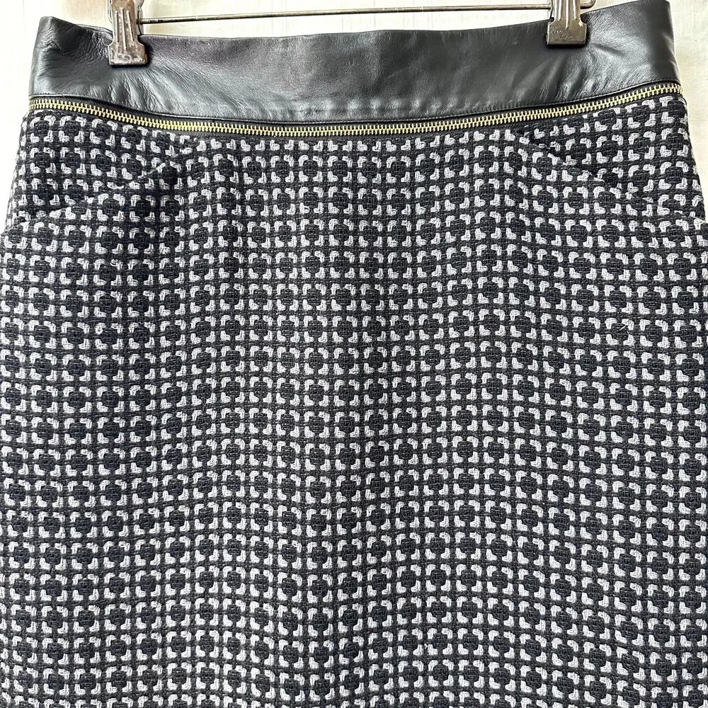 Etcetera Women's Gray Black Tweed Leather Trim Below Knee Pencil Skirt Sz M